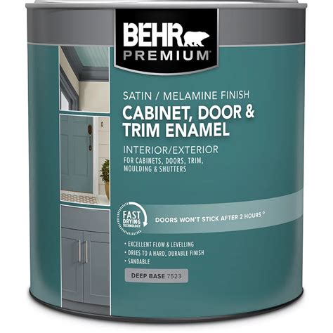 Behr cabinet and trim enamel - I would use spray paint or cabinet paint or a paint/spirits mixture combined with wet sanding to avoid any paint lines on the cabinets. I just redid my cabinets a few months ago. I used Behr satin paint, and covered with polycrilic with a high quality brush. I did a few layers, and now the polycrilic layer is smooth and clear, no brush-strokes. 